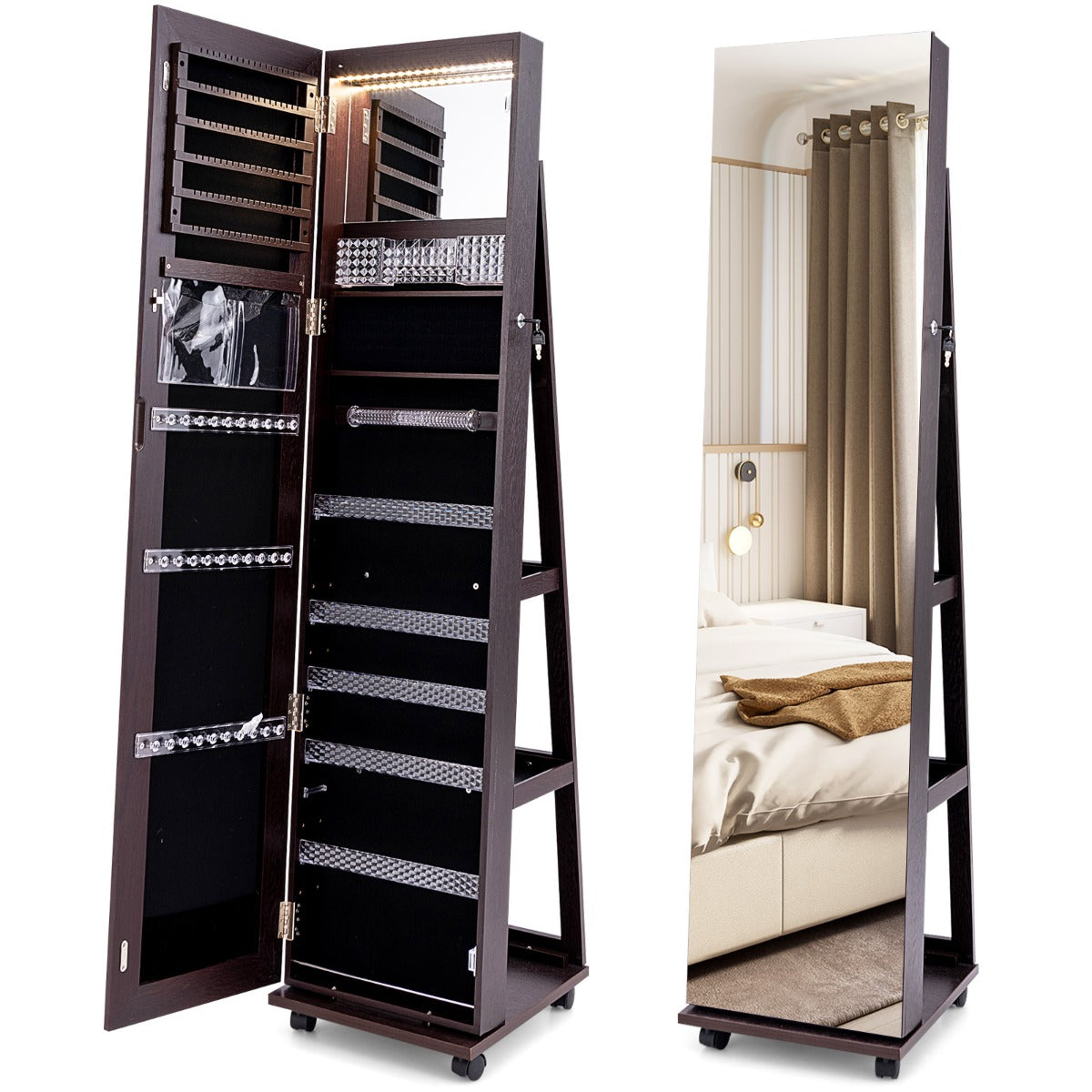 Livsk costway 163 cm afsluitbare juwelenkast geintegreerde make upspiegel 3 kleurige led verlichting verstelbare legplanken universele wielen paars 1 1