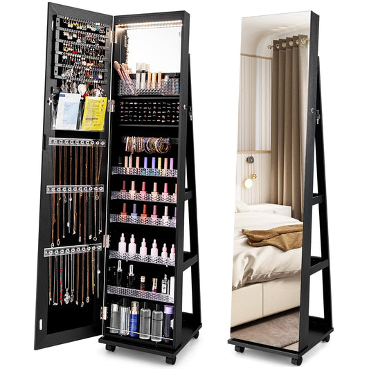 Livsk costway 163 cm afsluitbare juwelenkast geintegreerde make upspiegel 3 kleurige led verlichting verstelbare legplanken universele wielen zwart