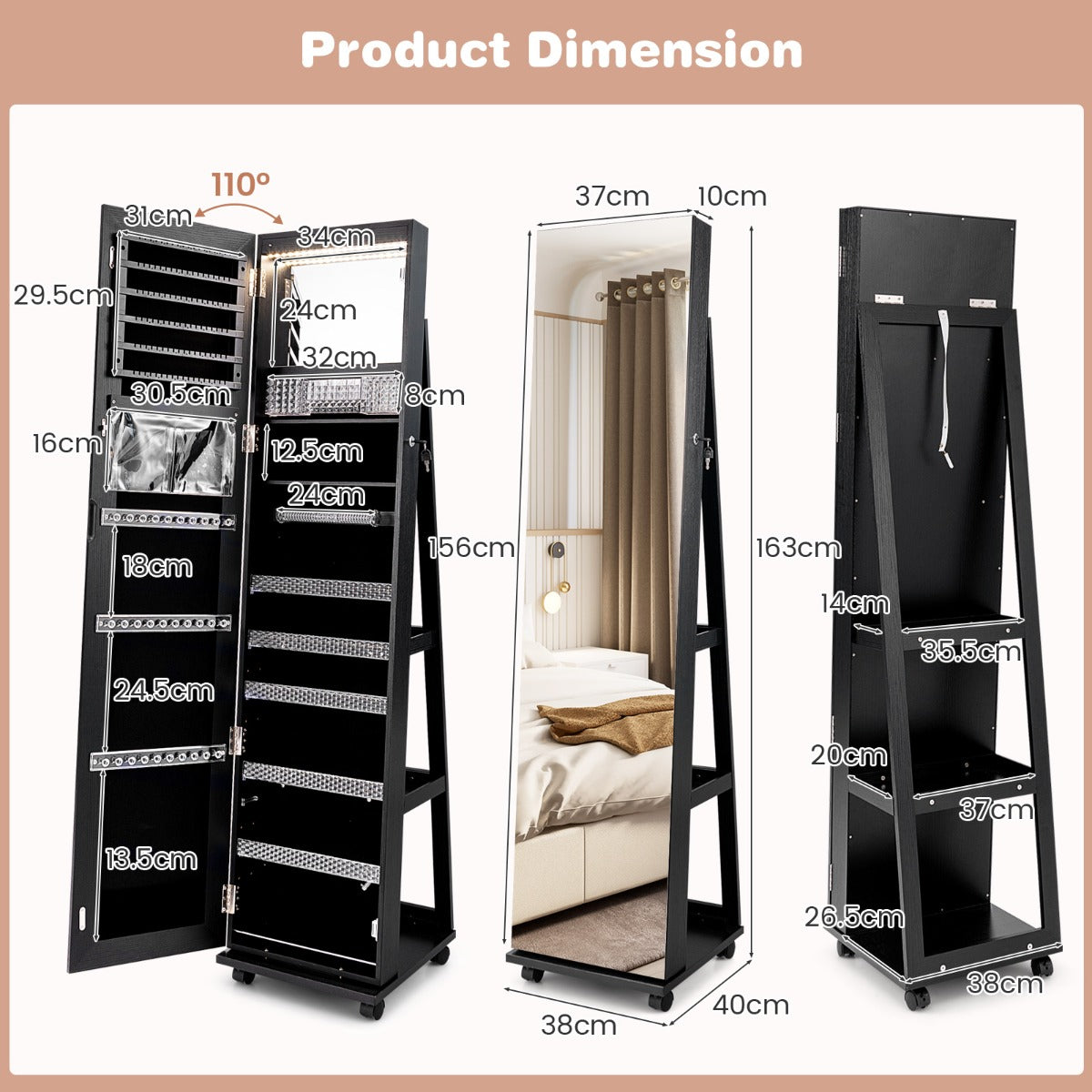 Livsk costway 163 cm afsluitbare juwelenkast geintegreerde make upspiegel 3 kleurige led verlichting verstelbare legplanken universele wielen zwart 2