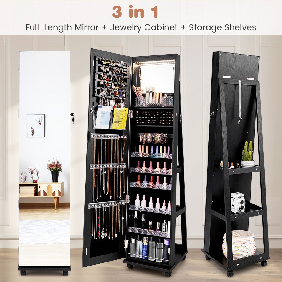 Livsk costway 163 cm afsluitbare juwelenkast geintegreerde make upspiegel 3 kleurige led verlichting verstelbare legplanken universele wielen zwart 3