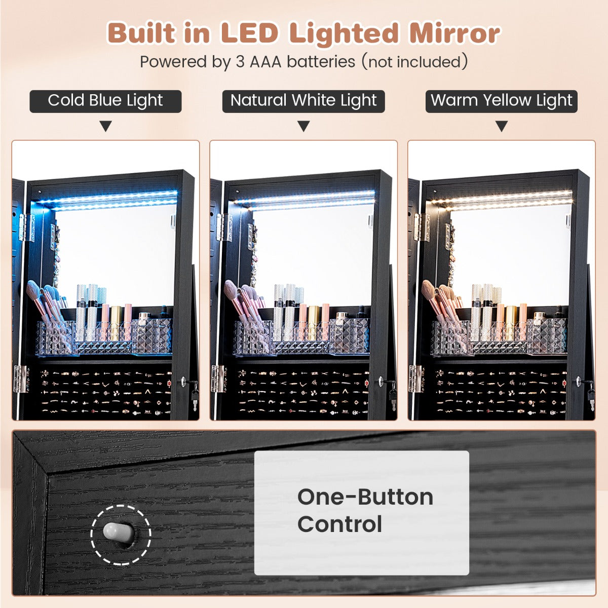 Livsk costway 163 cm afsluitbare juwelenkast geintegreerde make upspiegel 3 kleurige led verlichting verstelbare legplanken universele wielen zwart 6