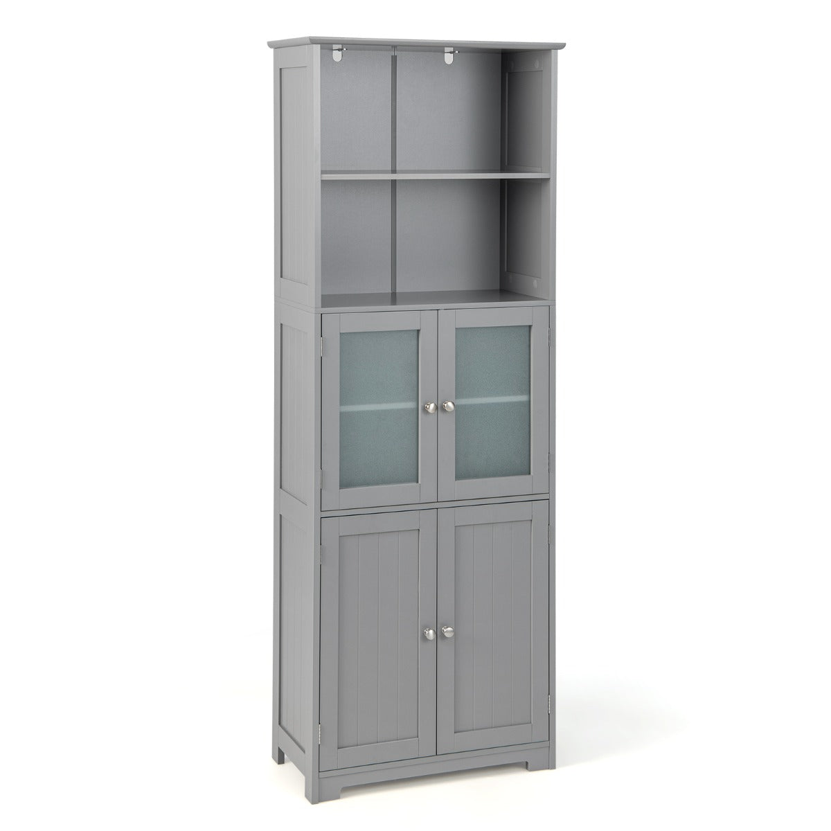 LIVSK Badkamer Opbergkast - 2 Open Legplanken - 2 Kasten met Verstelbare Planken - Modern Design - 60 x 30 x 163 cm - Grijs