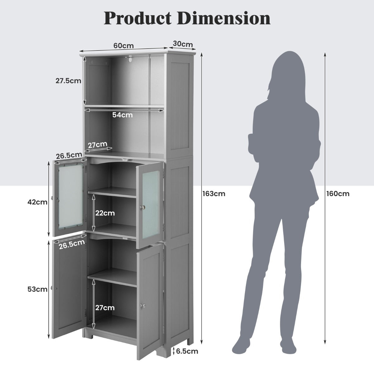 LIVSK Badkamer Opbergkast - 2 Open Legplanken - 2 Kasten met Verstelbare Planken - Modern Design - 60 x 30 x 163 cm - Grijs