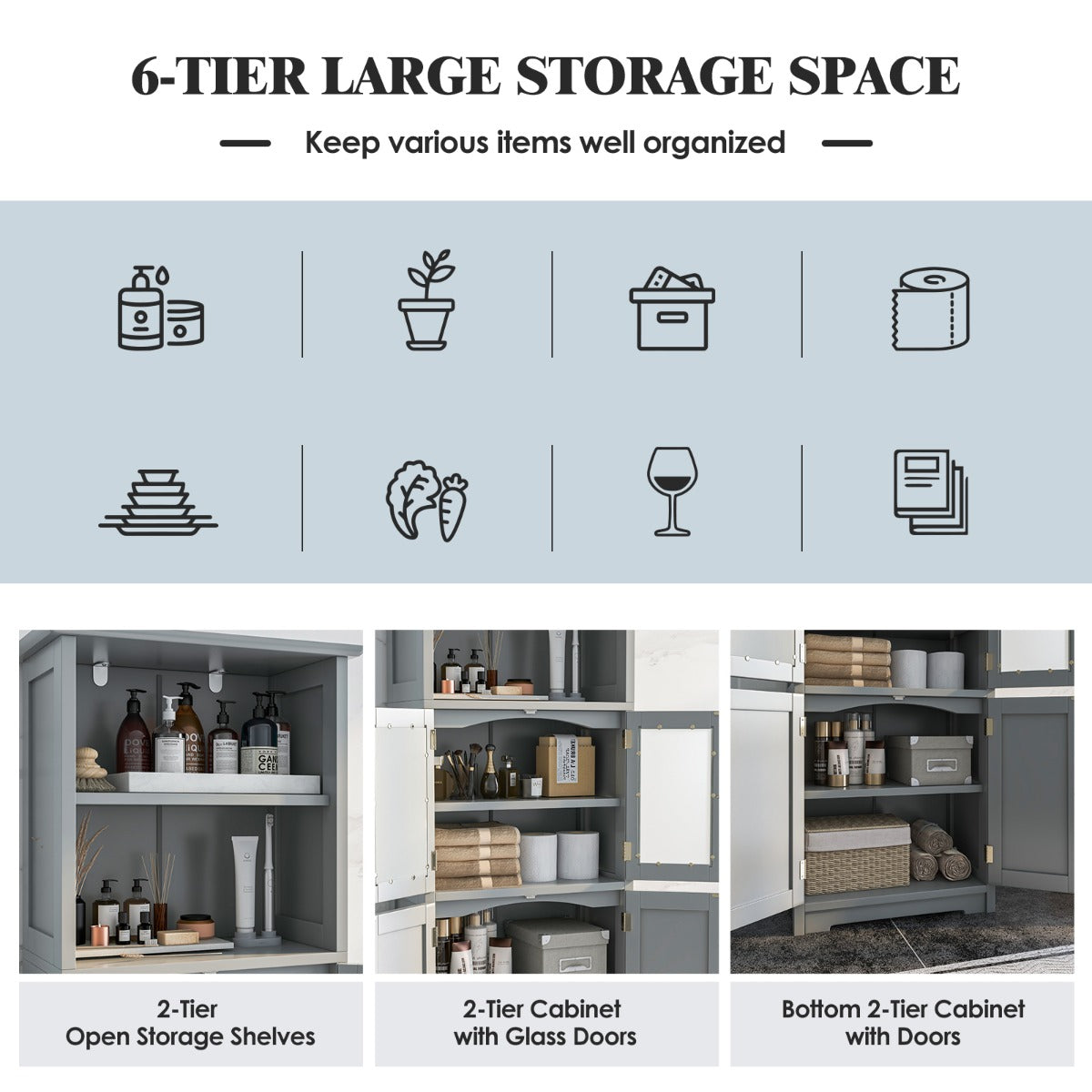 LIVSK Badkamer Opbergkast - 2 Open Legplanken - 2 Kasten met Verstelbare Planken - Modern Design - 60 x 30 x 163 cm - Grijs