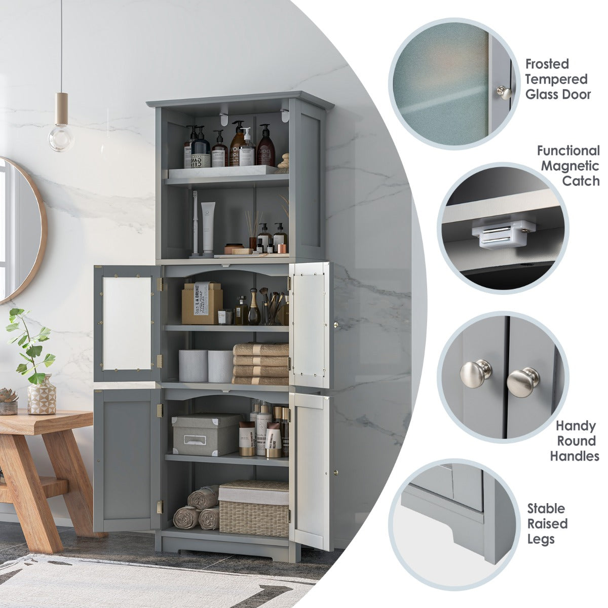 LIVSK Badkamer Opbergkast - 2 Open Legplanken - 2 Kasten met Verstelbare Planken - Modern Design - 60 x 30 x 163 cm - Grijs