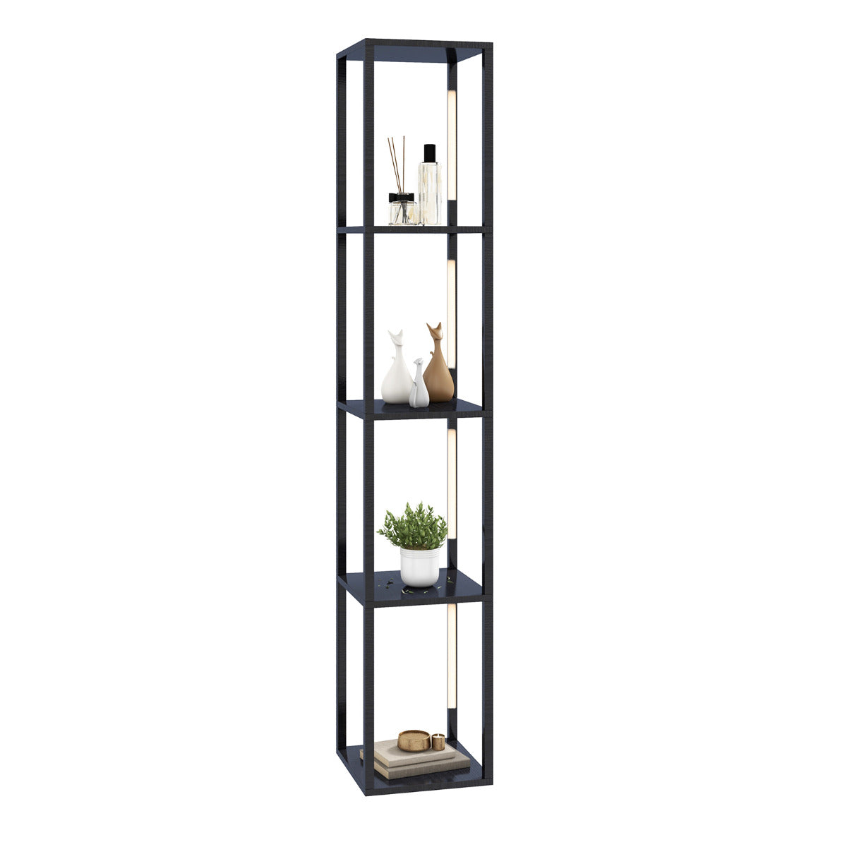 LIVSK Vloerlamp met Opbergplanken - 3-niveau Dimbare LED - Draaibare Palen - 4 Open Schappen - Zwart