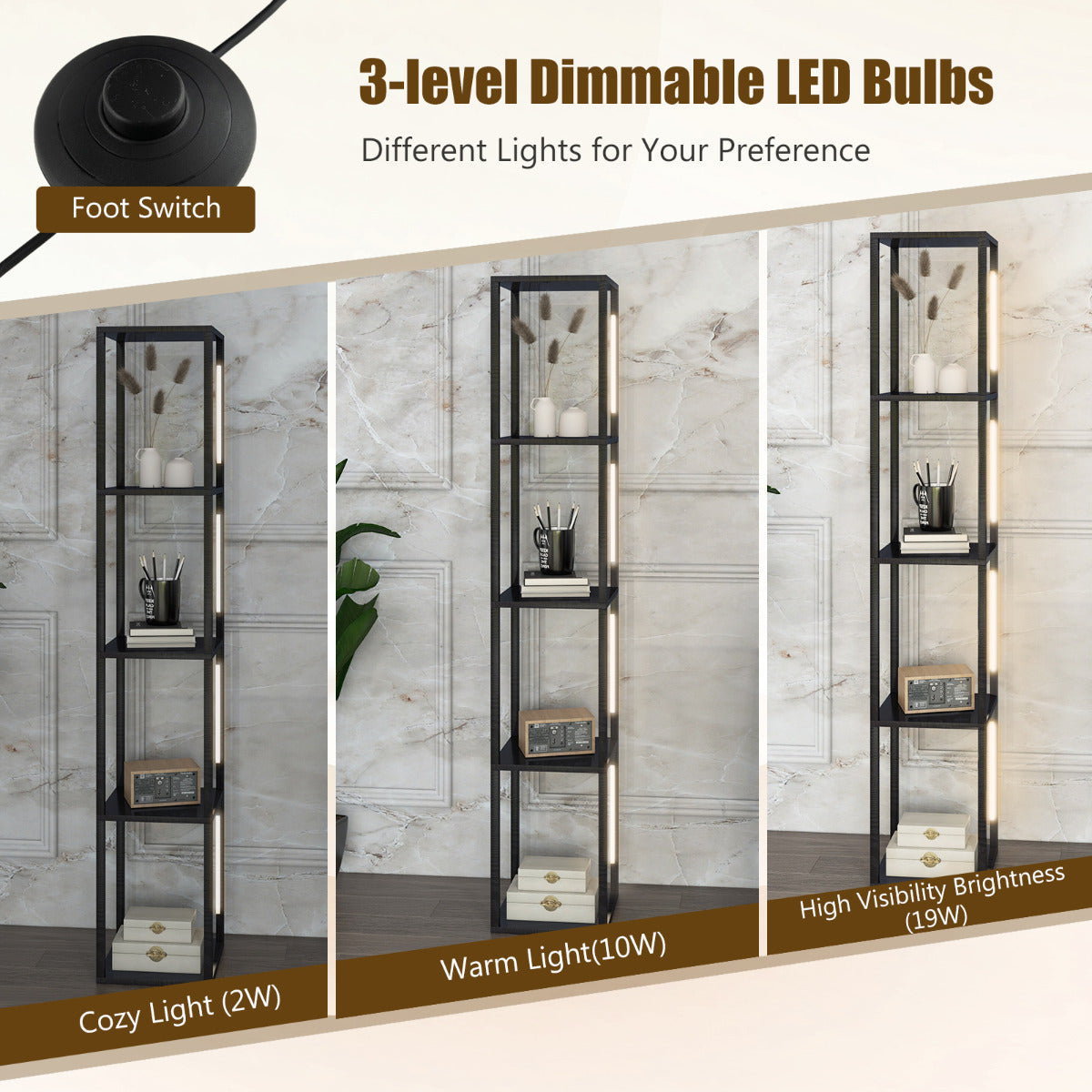 LIVSK Vloerlamp met Opbergplanken - 3-niveau Dimbare LED - Draaibare Palen - 4 Open Schappen - Zwart