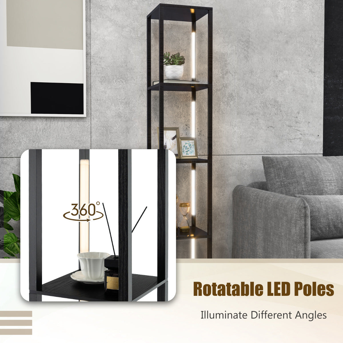 LIVSK Vloerlamp met Opbergplanken - 3-niveau Dimbare LED - Draaibare Palen - 4 Open Schappen - Zwart