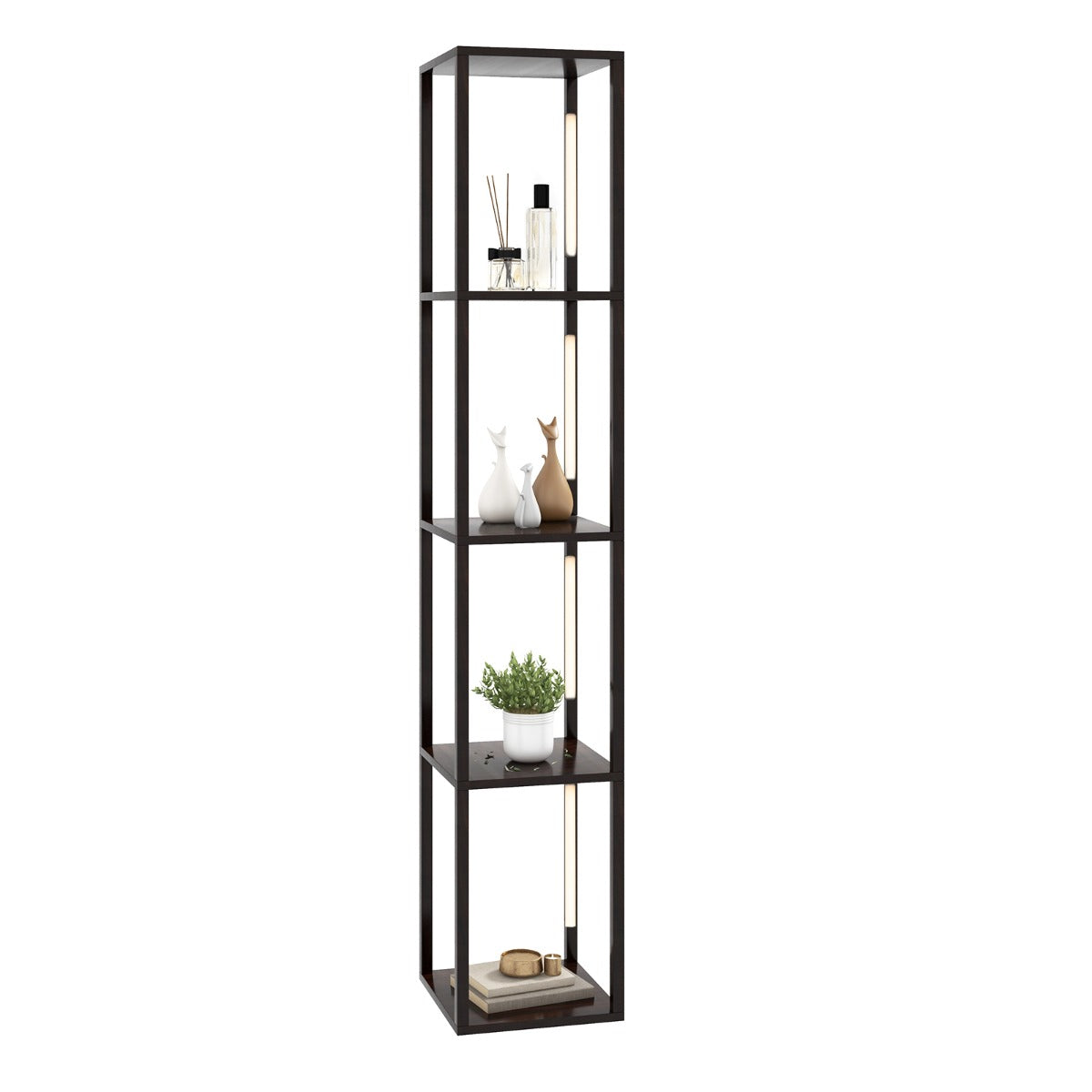 LIVSK Vloerlamp met Opbergrek - Dimbare LED met 3 Lichtniveaus - 360 Graden Draaibaar - 29 x 29 x 163 cm - Bruin