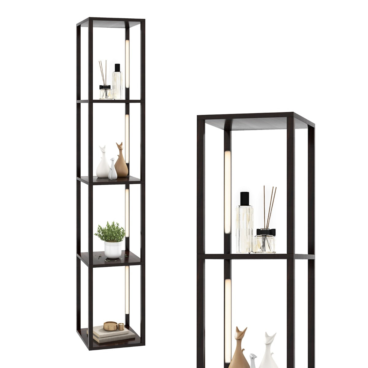 LIVSK Vloerlamp met Opbergrek - Dimbare LED met 3 Lichtniveaus - 360 Graden Draaibaar - 29 x 29 x 163 cm - Bruin