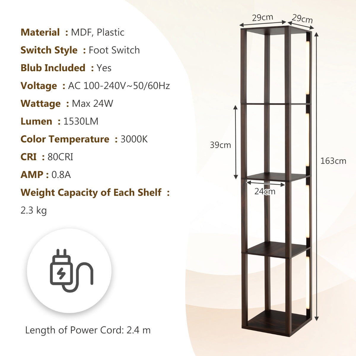 LIVSK Vloerlamp met Opbergrek - Dimbare LED met 3 Lichtniveaus - 360 Graden Draaibaar - 29 x 29 x 163 cm - Bruin