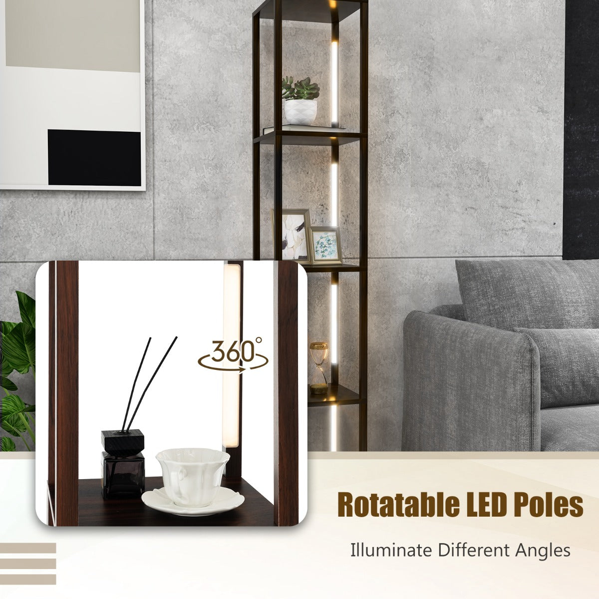 LIVSK Vloerlamp met Opbergrek - Dimbare LED met 3 Lichtniveaus - 360 Graden Draaibaar - 29 x 29 x 163 cm - Bruin