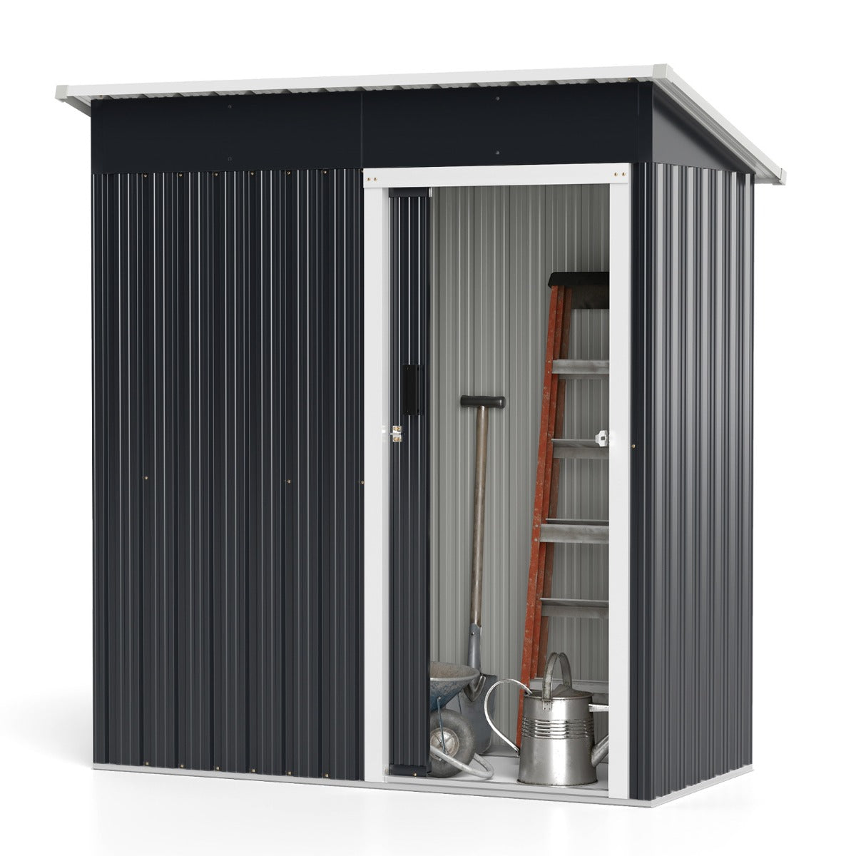 Livsk costway 163 x 86 x 181 cm metalen tuinhuisje met schuin dak afsluitbare schuifdeuren