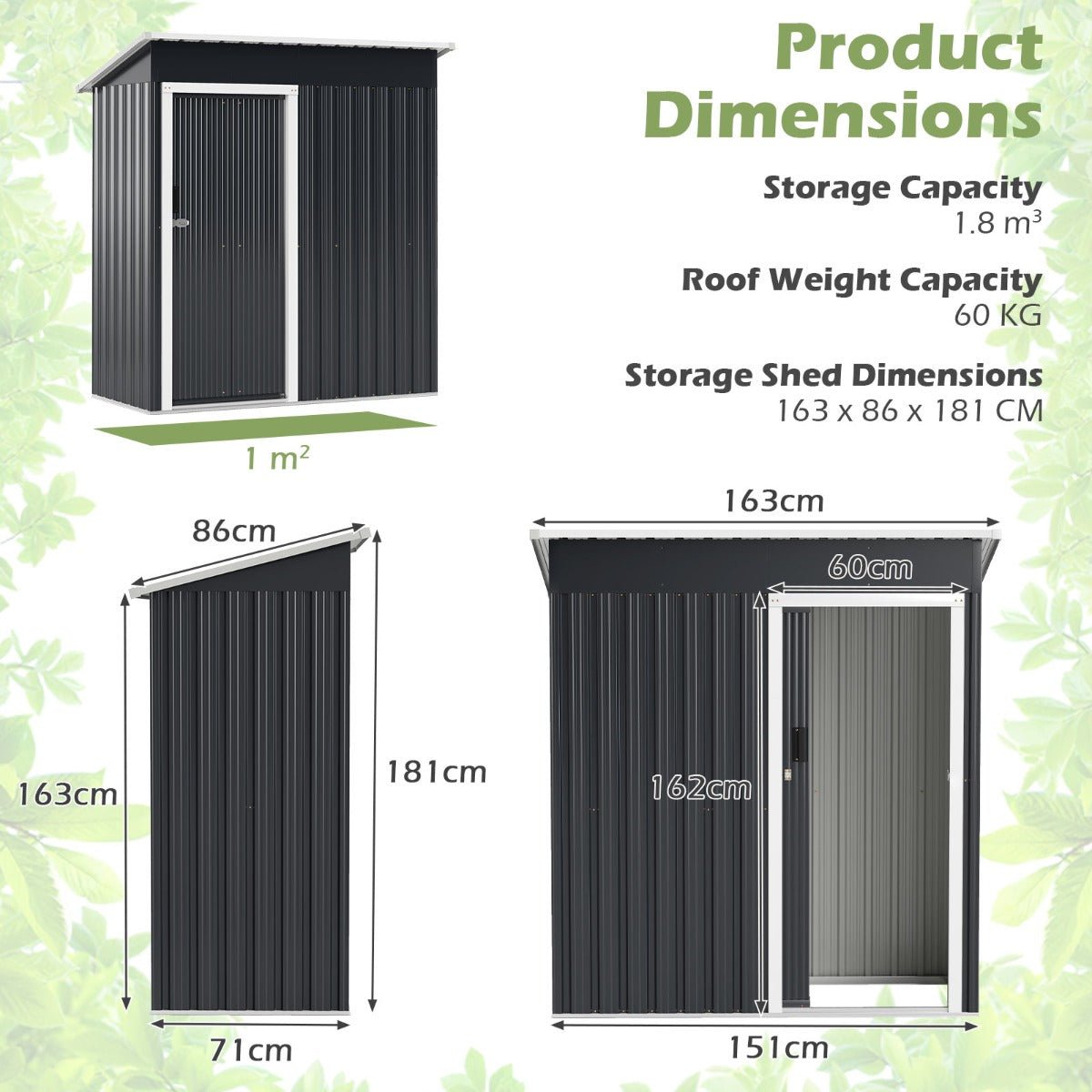 Livsk costway 163 x 86 x 181 cm metalen tuinhuisje met schuin dak afsluitbare schuifdeuren 2