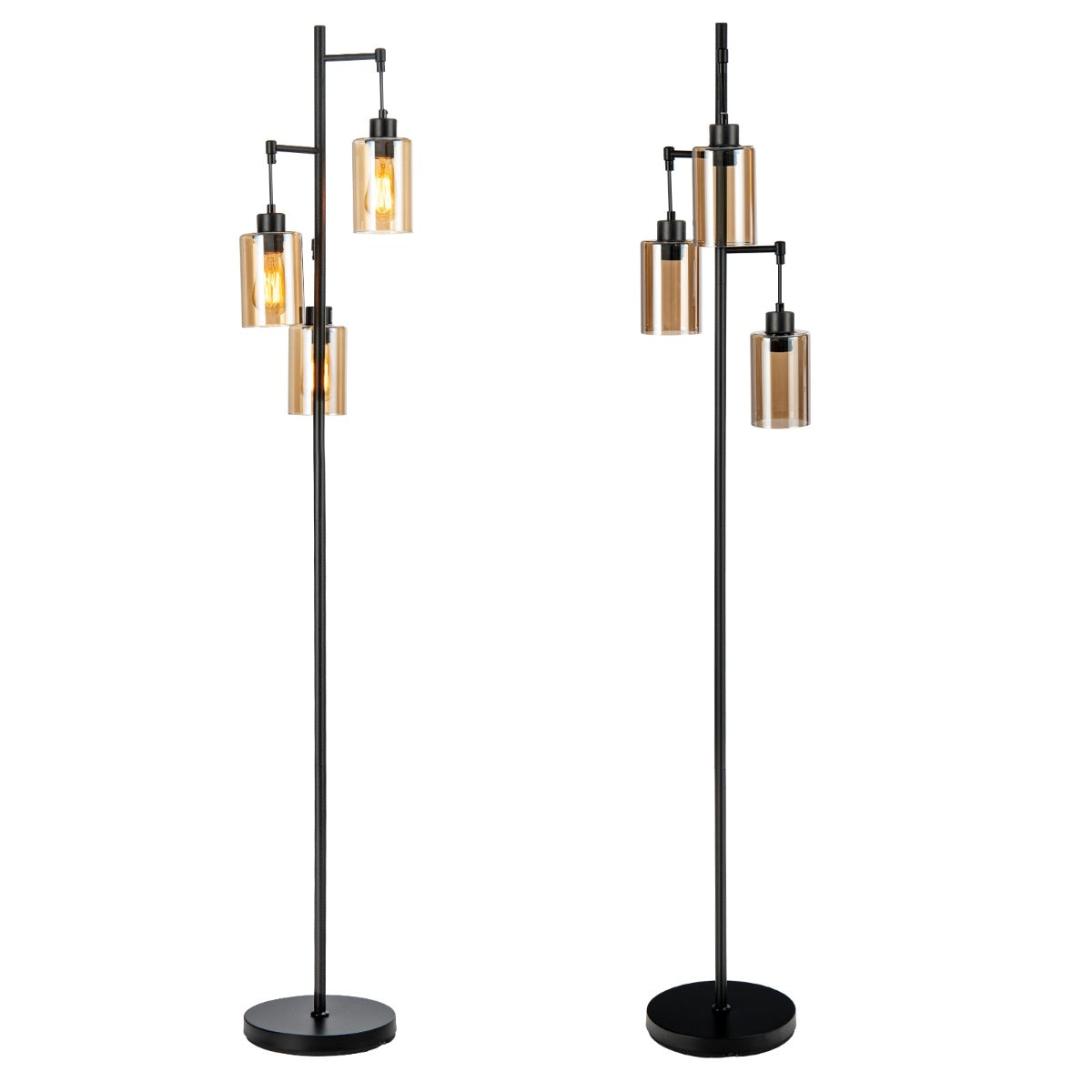 LIVSK Vloerlamp met 3 Amberkleurige Glazen Lampenkappen - Voetschakelaar - Stabiel Metalen Frame - Retro Stijl - 1,8 m - Bruin