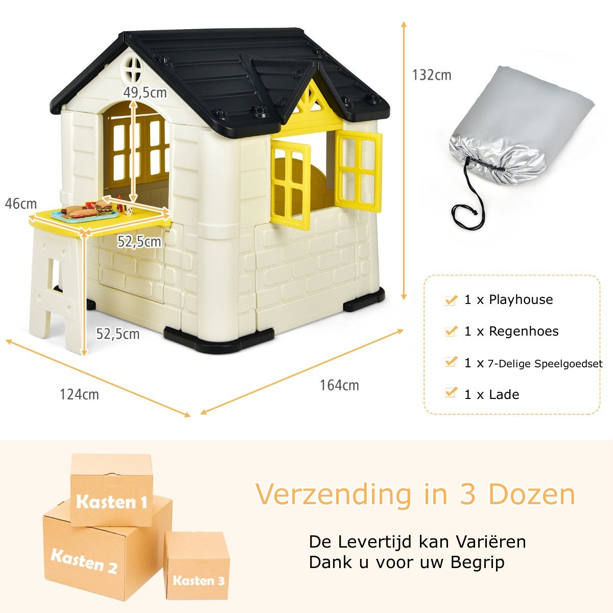 LIVSK Kinderspeelhuisje - Duurzaam HDPE - Inclusief Tafel en 7-delige Snackset - Voor Binnen en Buiten - 164 x 124 x 132 cm - Geel