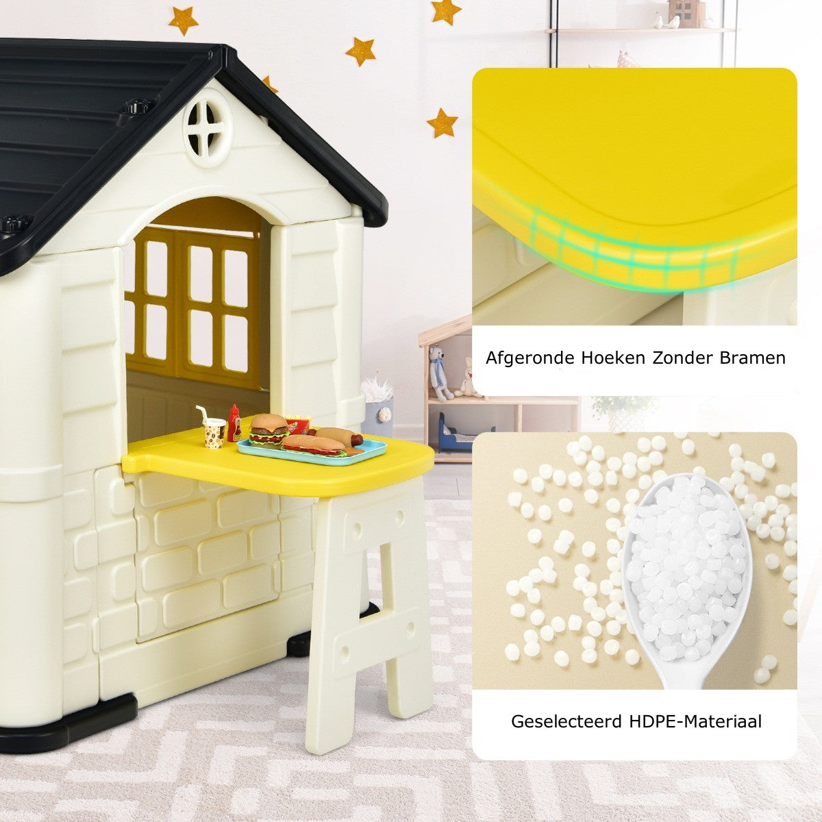 LIVSK Kinderspeelhuisje - Duurzaam HDPE - Inclusief Tafel en 7-delige Snackset - Voor Binnen en Buiten - 164 x 124 x 132 cm - Geel