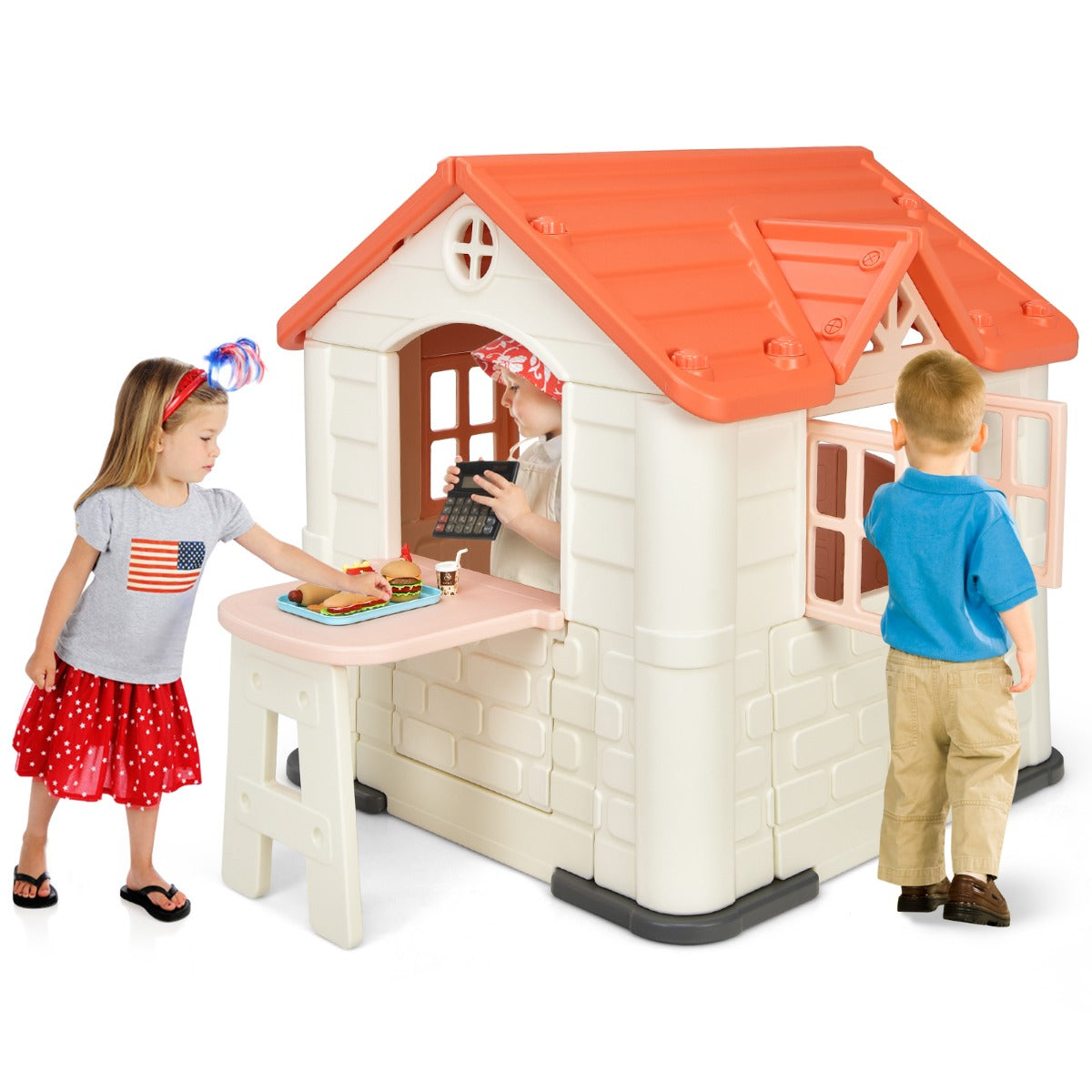 LIVSK Kinderspeelhuisje - Duurzaam HDPE - Werkende Deuren & Ramen - Inclusief Tafel en Snackset - Voor Binnen & Buiten - Roze