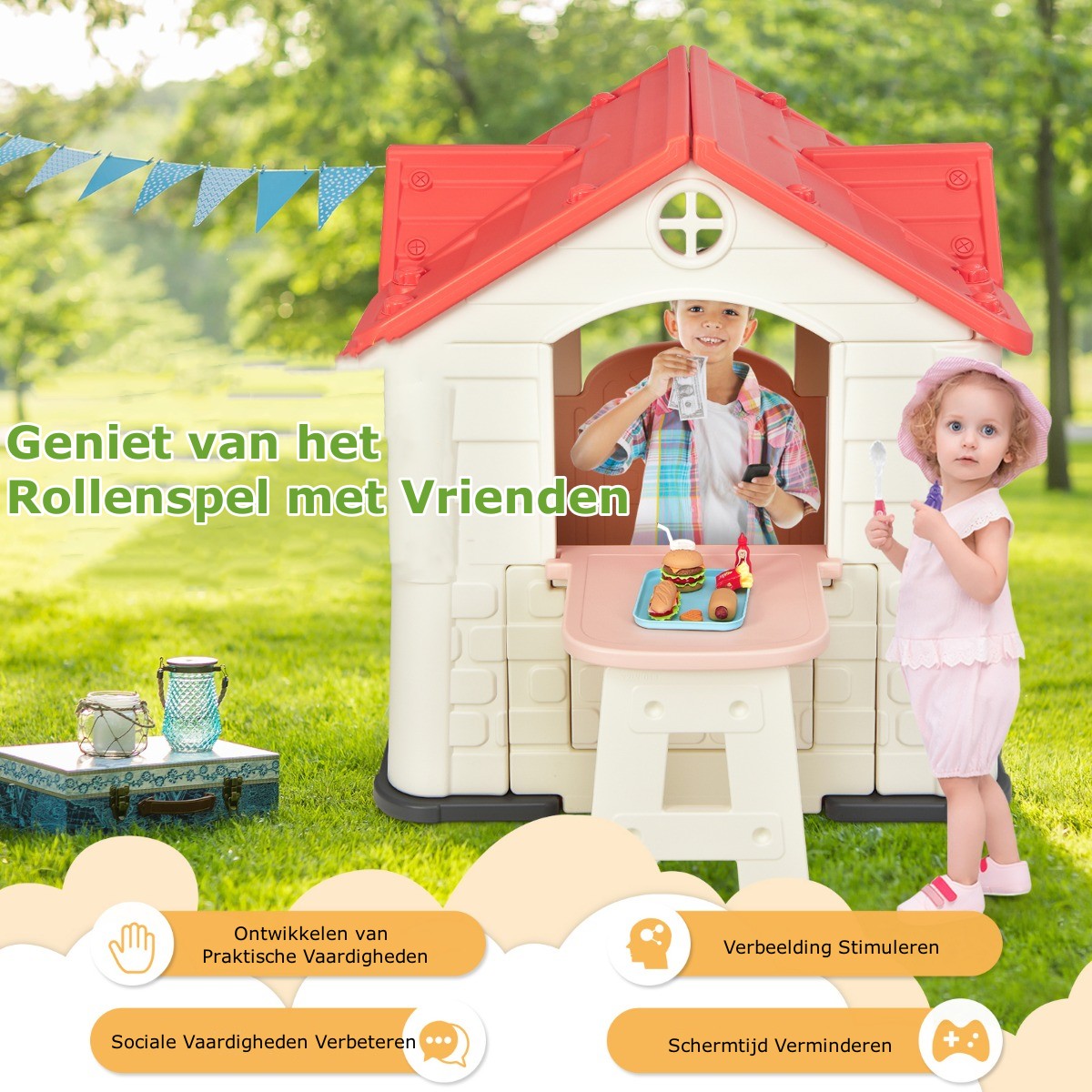 LIVSK Kinderspeelhuisje - Duurzaam HDPE - Werkende Deuren & Ramen - Inclusief Tafel en Snackset - Voor Binnen & Buiten - Roze