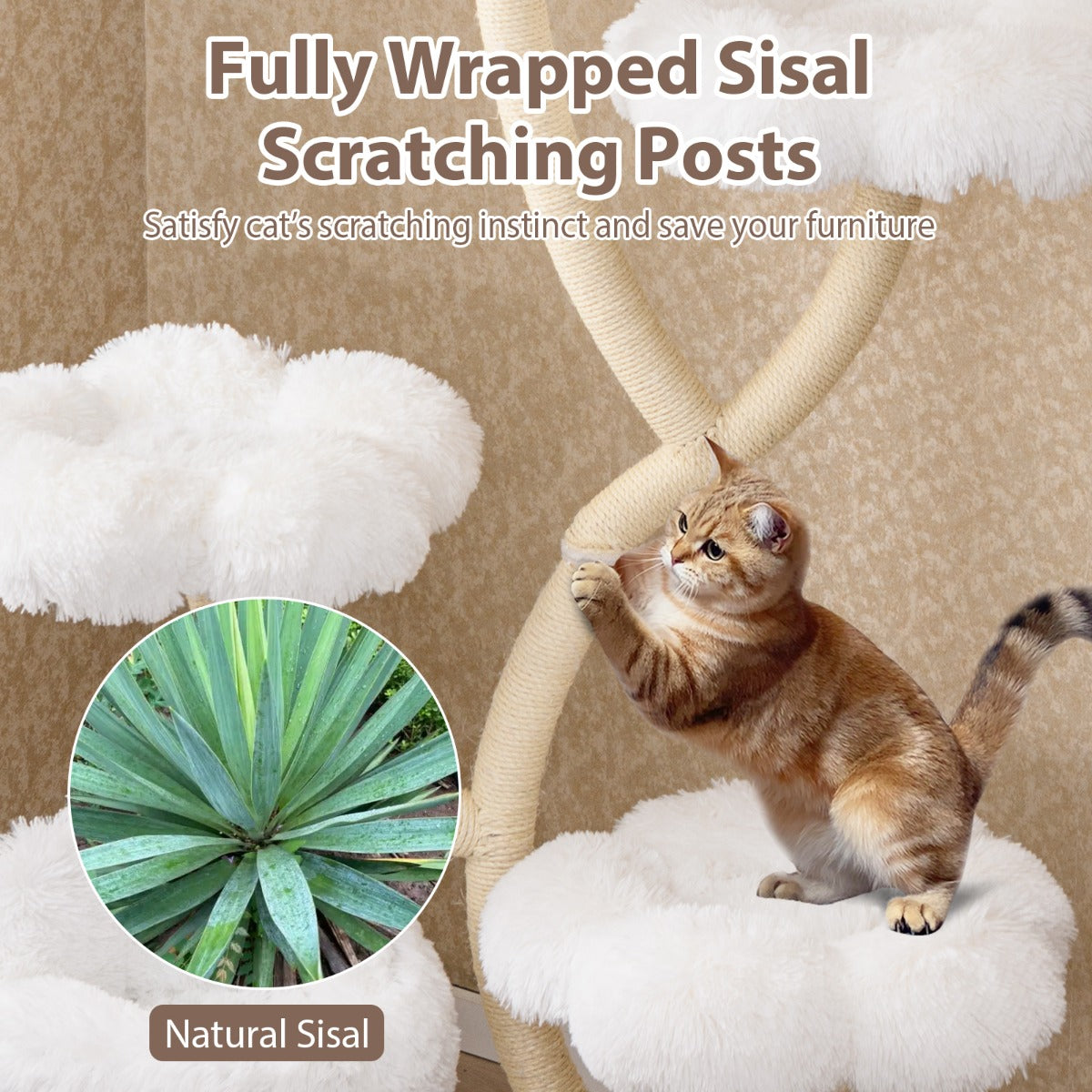 LIVSK Krabpaal met 4 Bloemvormige Platforms - 2-in-1 Kattenhok - Natuurlijke Sisal - Ultrazacht Pluche - Veilig en Stabiel - Wit