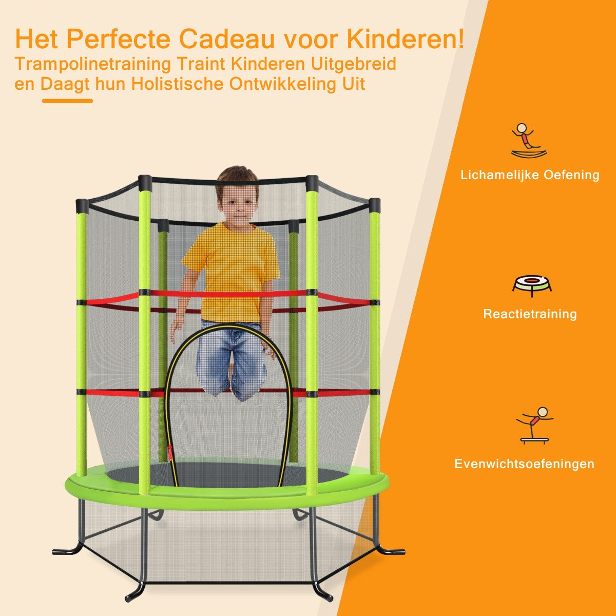 LIVSK Peutert trampoline met 360° veiligheidsnet - 30 spankoorden voor hoge sprongen - Stabiliteit - Tot 135 kg - Groen