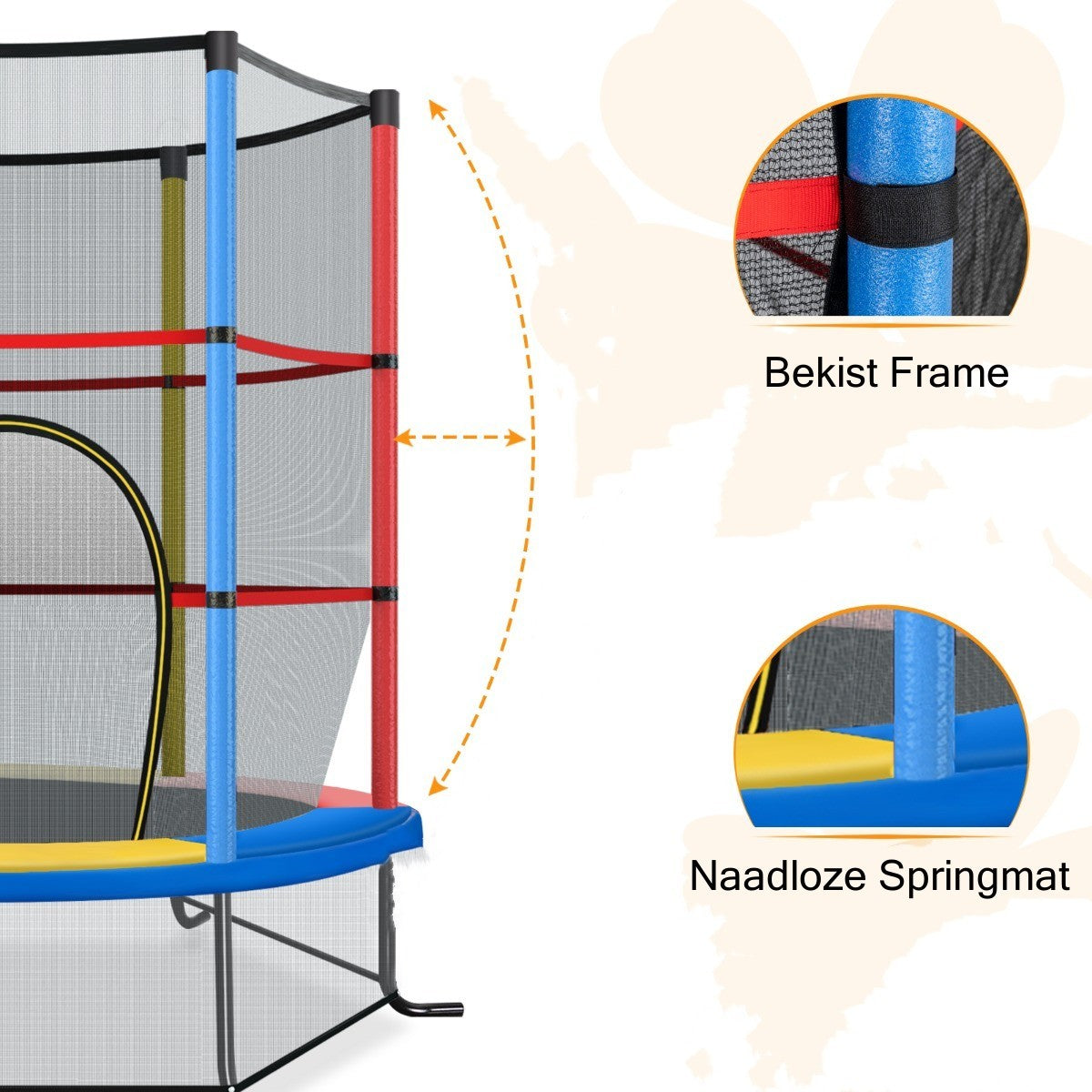 LIVSK Peutert trampoline met 360° veiligheidsnet - 30 spankoorden - Stabiele constructie - Voor kinderen - Kleurrijk