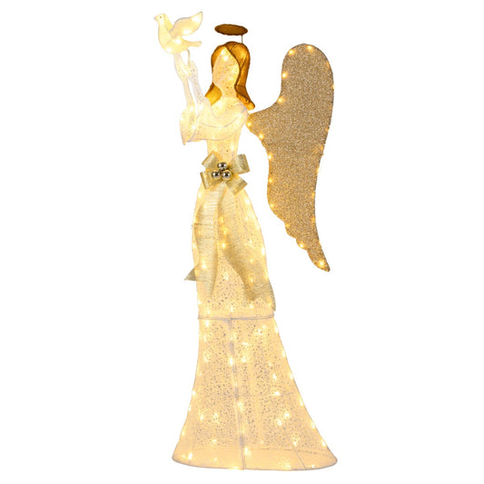 LIVSK 3D Engel kerstdecoratie - Verlichte halo-engel met 150 LED-lampen - Eenvoudige montage - 60 x 30 x 165 cm - Wit + Goud