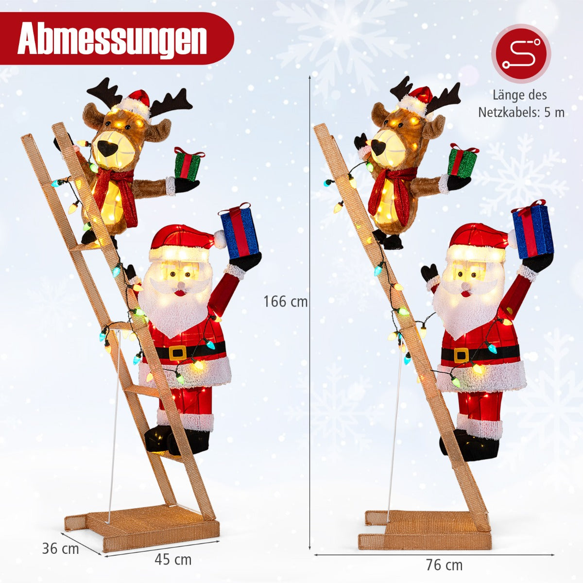 LIVSK Verlichte Kerstdecoratie met Kerstman en Rendier - 100 LED-lampen - Duurzaam Metaal en Stof - 76 x 35 x 166 cm - Multicolor
