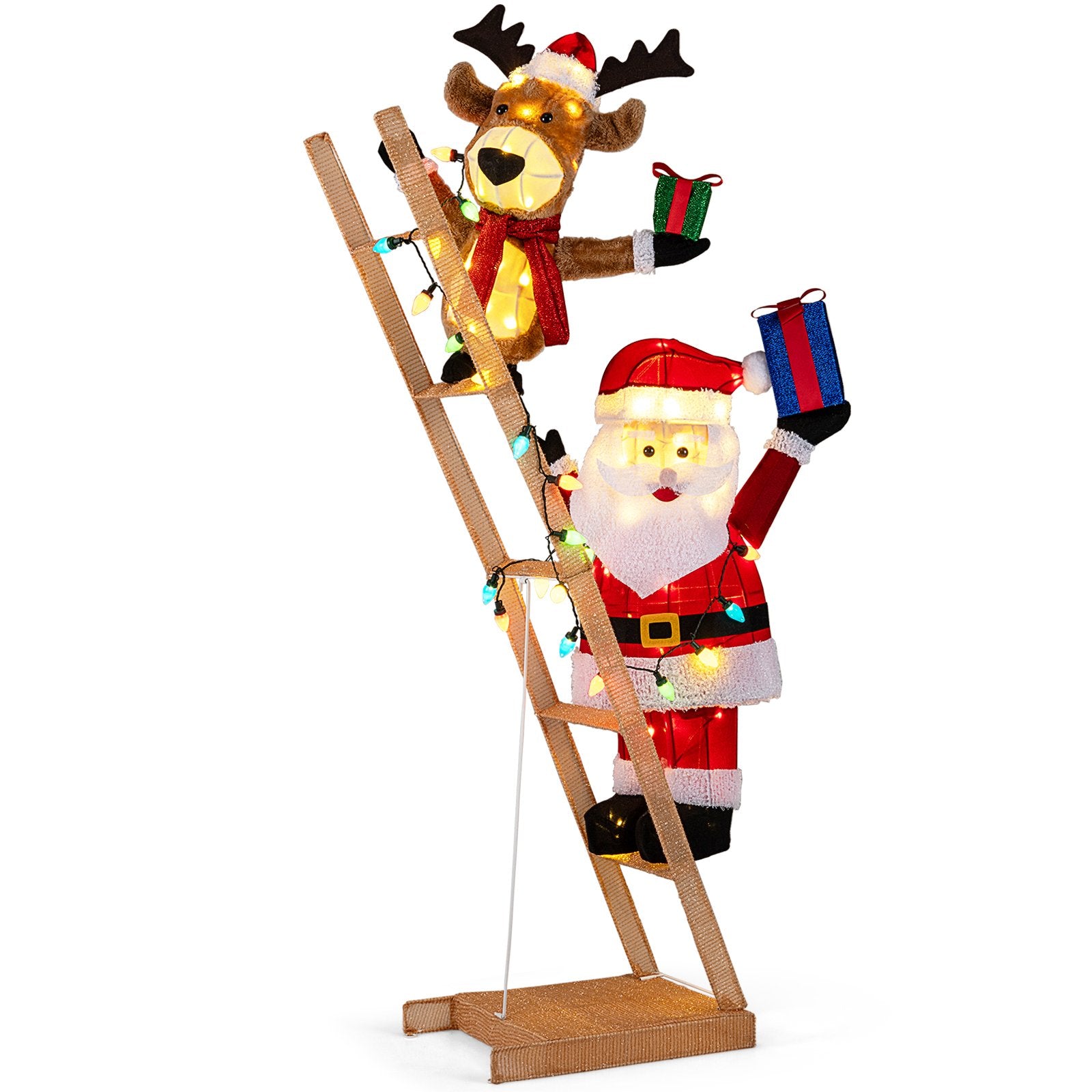 LIVSK Verlichte Kerstdecoratie met Kerstman en Rendier - 100 LED-lampen - Duurzaam Metaal en Stof - 76 x 35 x 166 cm - Multicolor