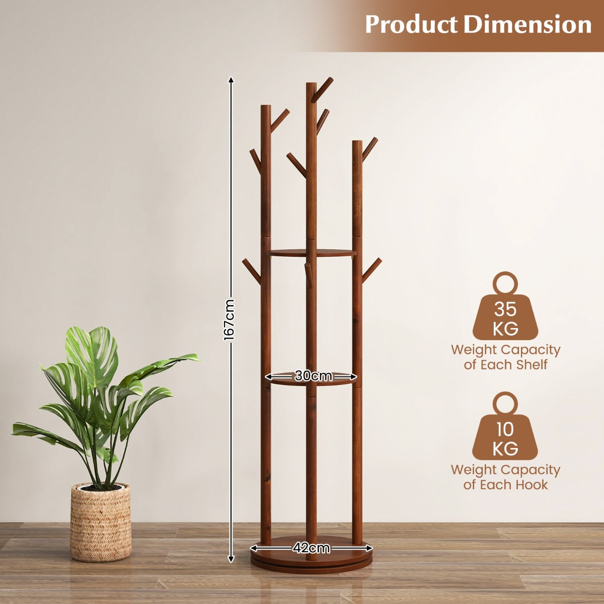 LIVSK Draaibare Kapstok - 3 Planken - 9 Haken - Ruimtebesparend - Duurzaam Rubberhout - 42 x 167 cm - Walnoot