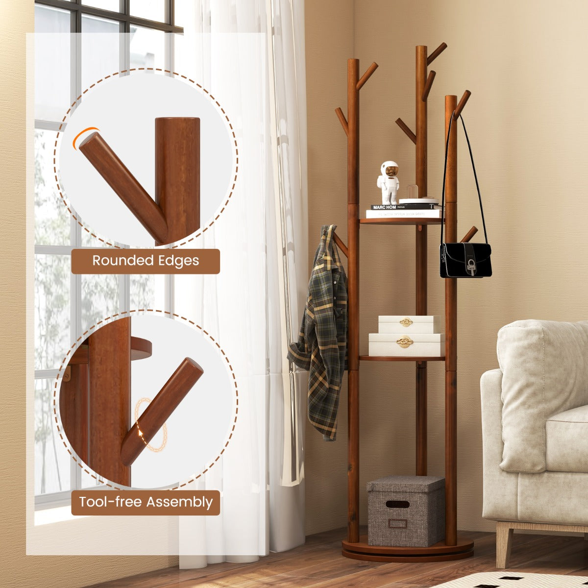 LIVSK Draaibare Kapstok - 3 Planken - 9 Haken - Ruimtebesparend - Duurzaam Rubberhout - 42 x 167 cm - Walnoot