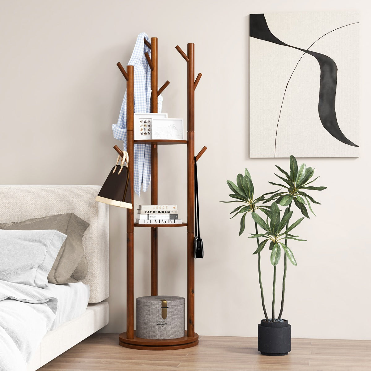 LIVSK Draaibare Kapstok - 3 Planken - 9 Haken - Ruimtebesparend - Duurzaam Rubberhout - 42 x 167 cm - Walnoot