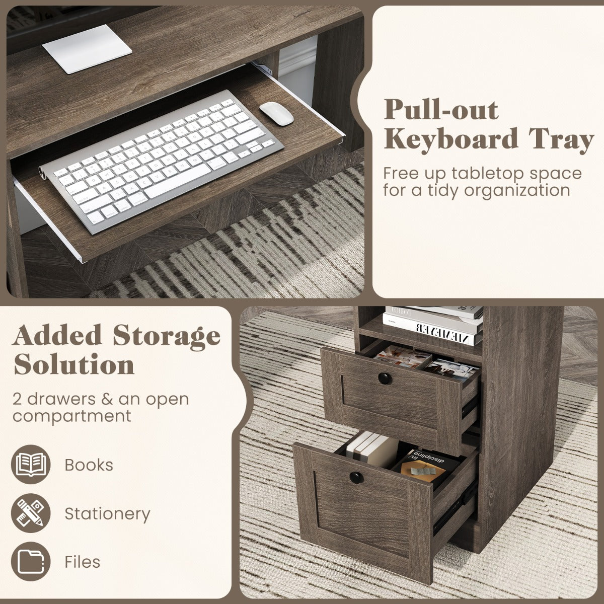 LIVSK L-vormig hoekbureau met Oplaadstation - Verstelbare Plank - Toetsenbordlade - Draagvermogen 125 kg - Bruin
