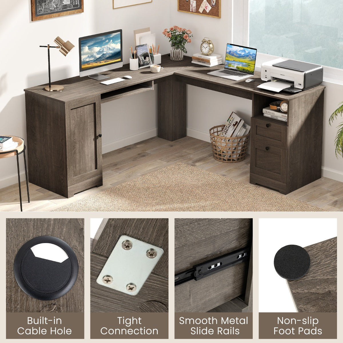 LIVSK L-vormig hoekbureau met Oplaadstation - Verstelbare Plank - Toetsenbordlade - Draagvermogen 125 kg - Bruin
