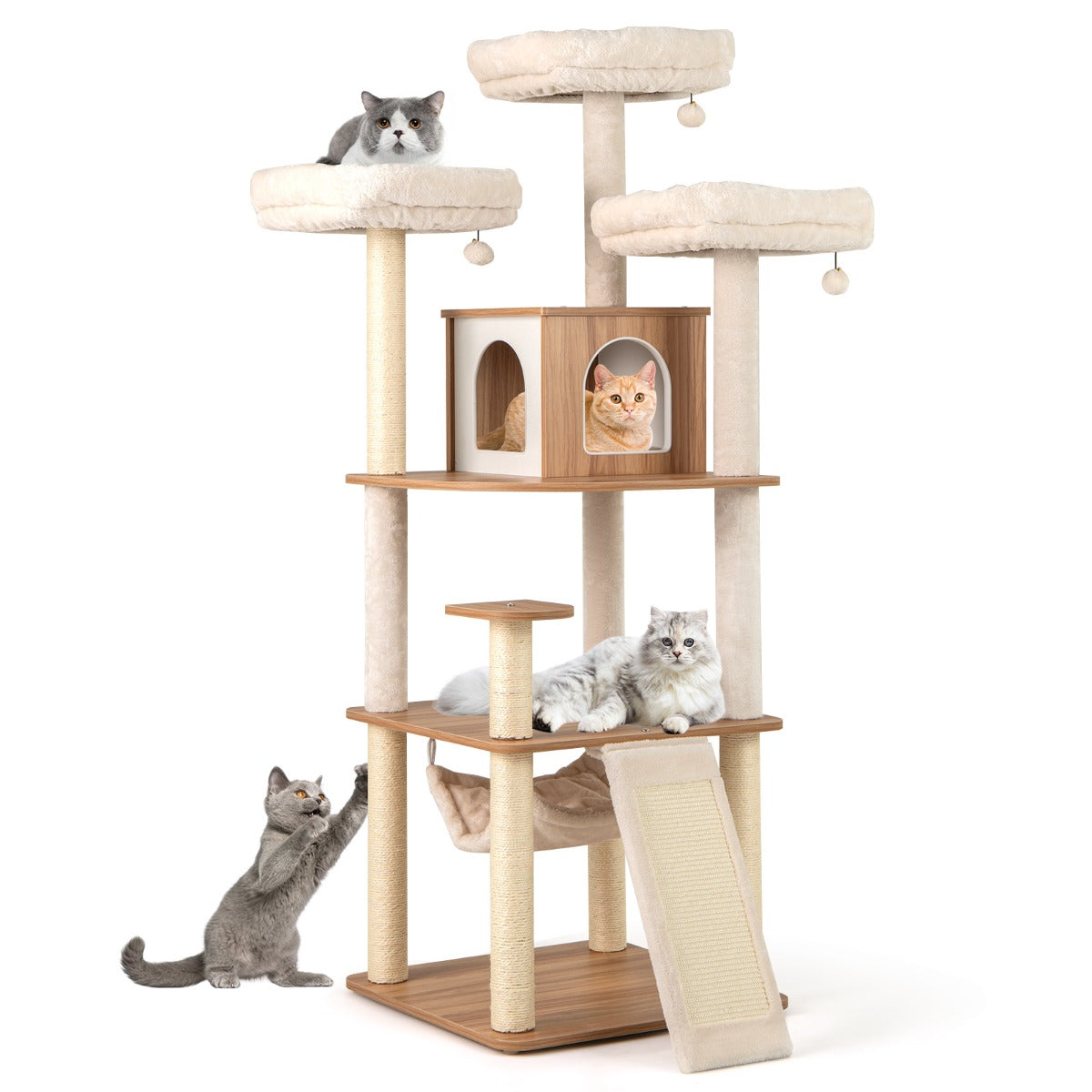 LIVSK Kattenboom - 3 Platforms - Hangmat - Krabpalen en Ballen - Hoogte 168 cm - Ultiem Comfort - Natuurlijk + Wit