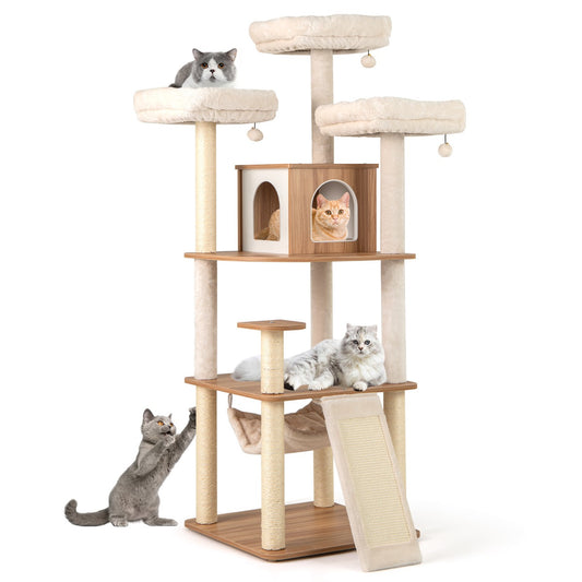 LIVSK Kattenboom - 3 Platforms - Hangmat - Krabpalen en Ballen - Hoogte 168 cm - Ultiem Comfort - Natuurlijk + Wit