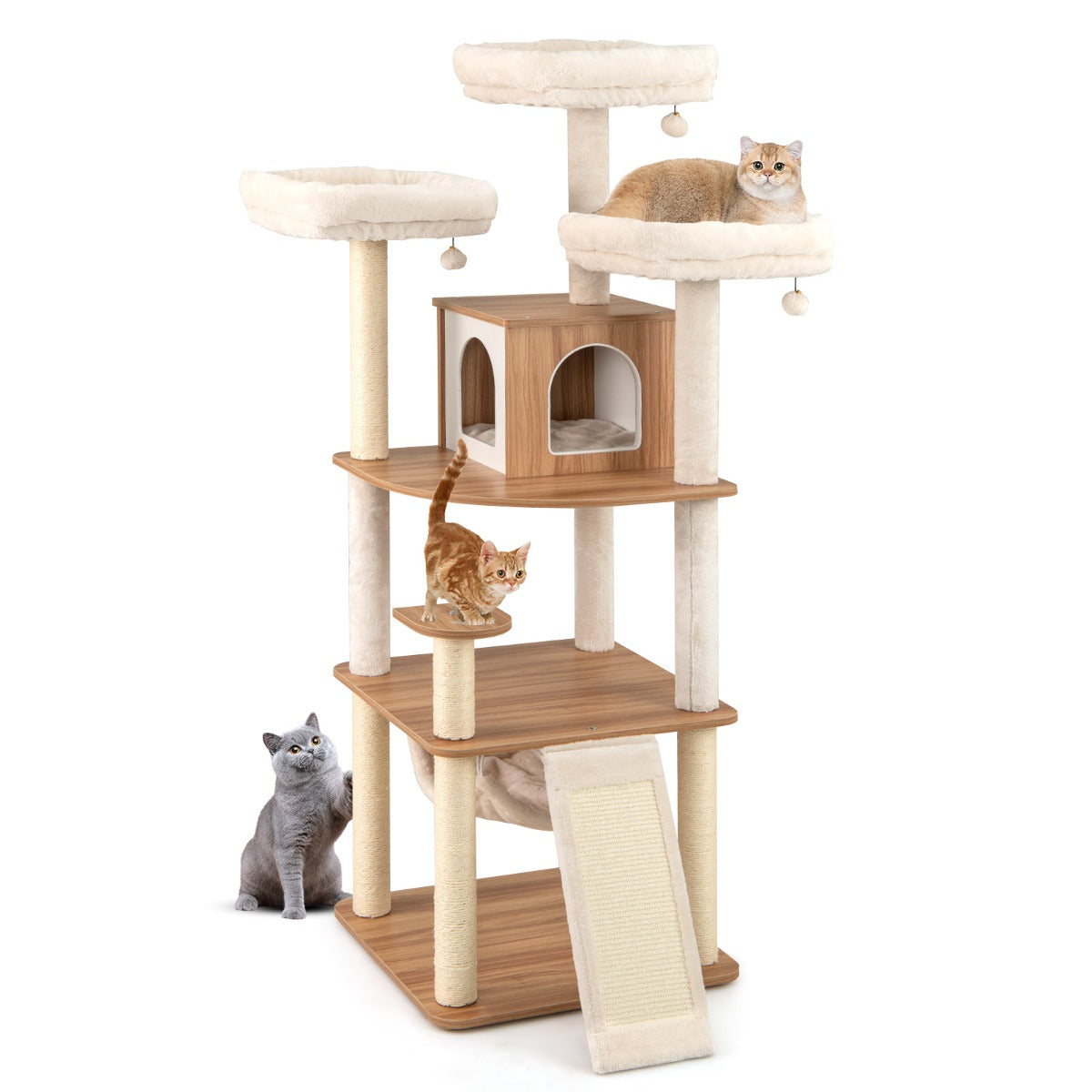 LIVSK Kattenboom - 3 Platforms - Hangmat - Krabpalen en Ballen - Hoogte 168 cm - Ultiem Comfort - Natuurlijk + Wit