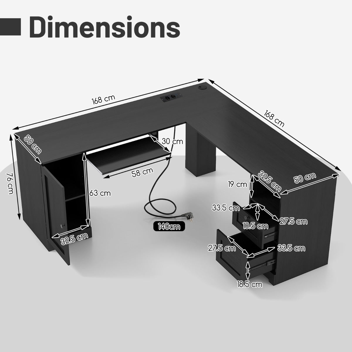 LIVSK L-vormig Hoekbureau - Ruim 168 x 168 x 76 cm - Oplaadstation met USB en Type-C - Tot 125 kg - Zwart
