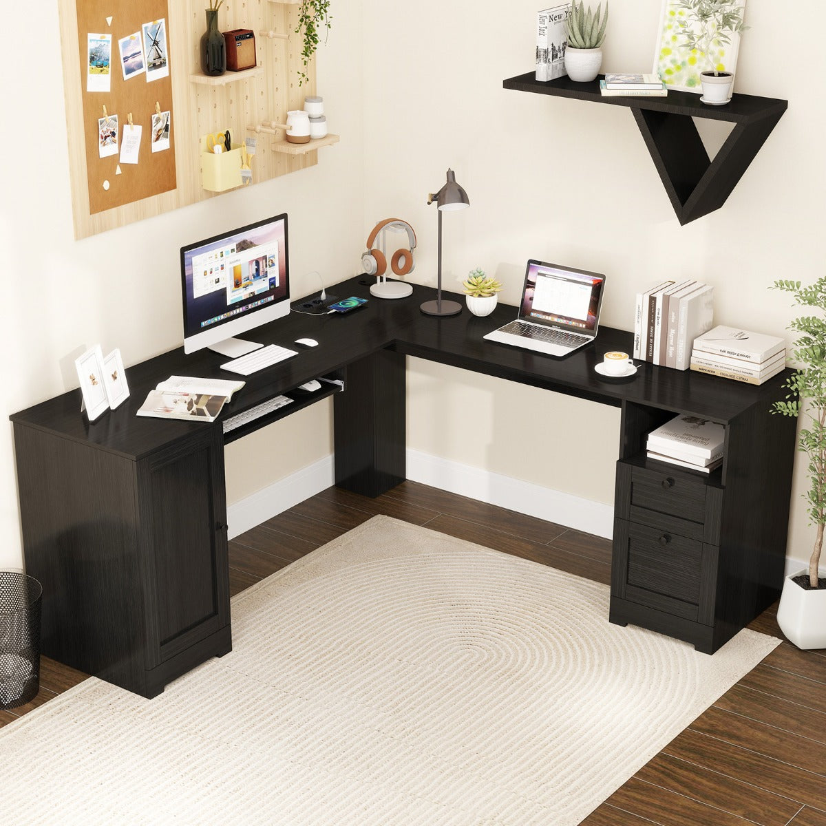 LIVSK L-vormig Hoekbureau - Ruim 168 x 168 x 76 cm - Oplaadstation met USB en Type-C - Tot 125 kg - Zwart