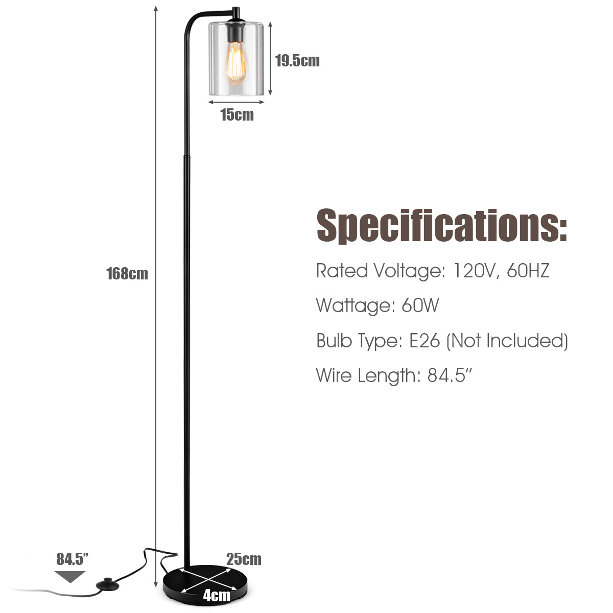 LIVSK Industriële Vloerlamp - Zwarte Metalen Basis - Glazen Lampenkap - Vintage Design - Helder Licht tot 60W - Zwart