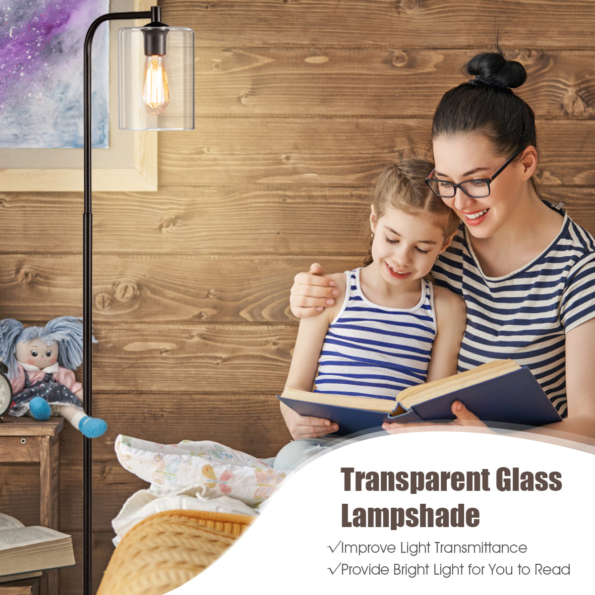 LIVSK Industriële Vloerlamp - Zwarte Metalen Basis - Glazen Lampenkap - Vintage Design - Helder Licht tot 60W - Zwart