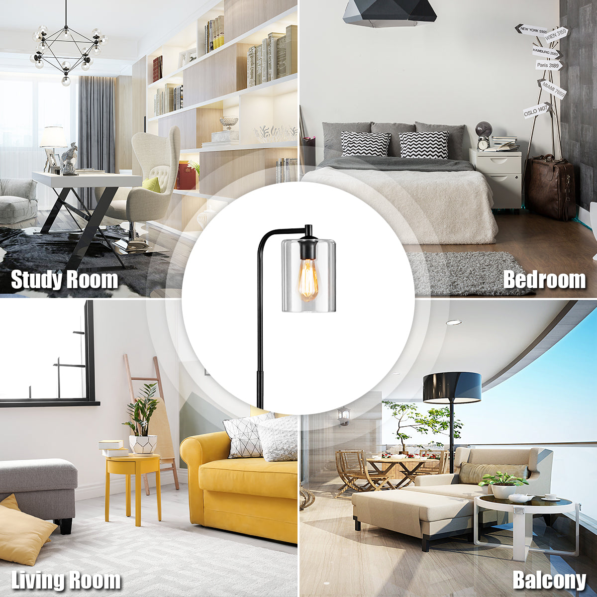 LIVSK Industriële Vloerlamp - Zwarte Metalen Basis - Glazen Lampenkap - Vintage Design - Helder Licht tot 60W - Zwart