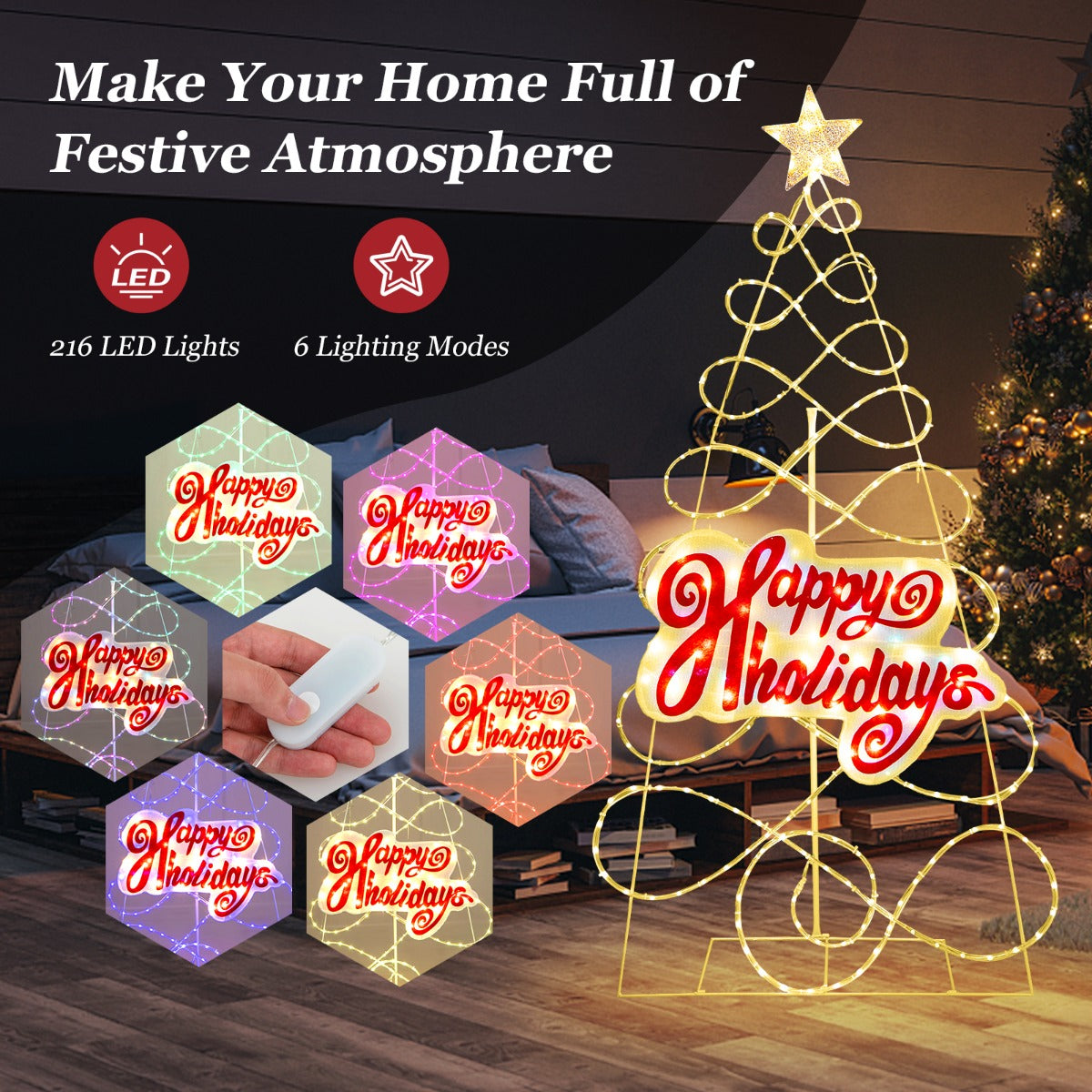 LIVSK Kleurrijke Kerstboom 170 cm - 216 LED-lampjes - 6 Verlichtingsstanden - Stevig Metalen Frame - Voor Binnen & Buiten -