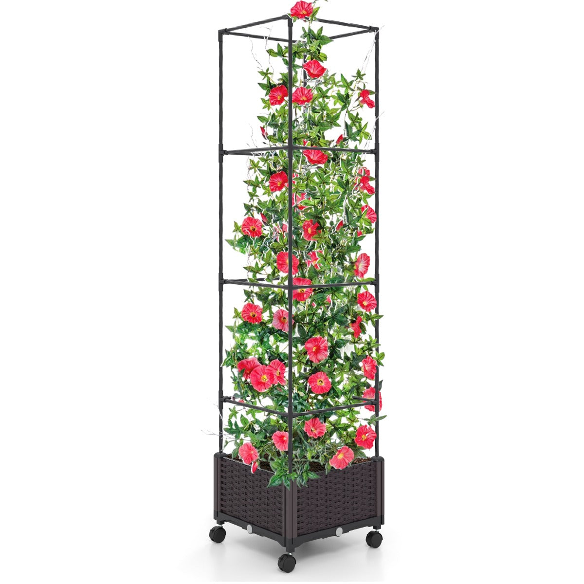 LIVSK Verstelbare Plantenbak met Traliewerk - Zelfbewateringssysteem - 2-in-1 Ontwerp met Wielen - 40 x 40 x 170 cm - Zwart +