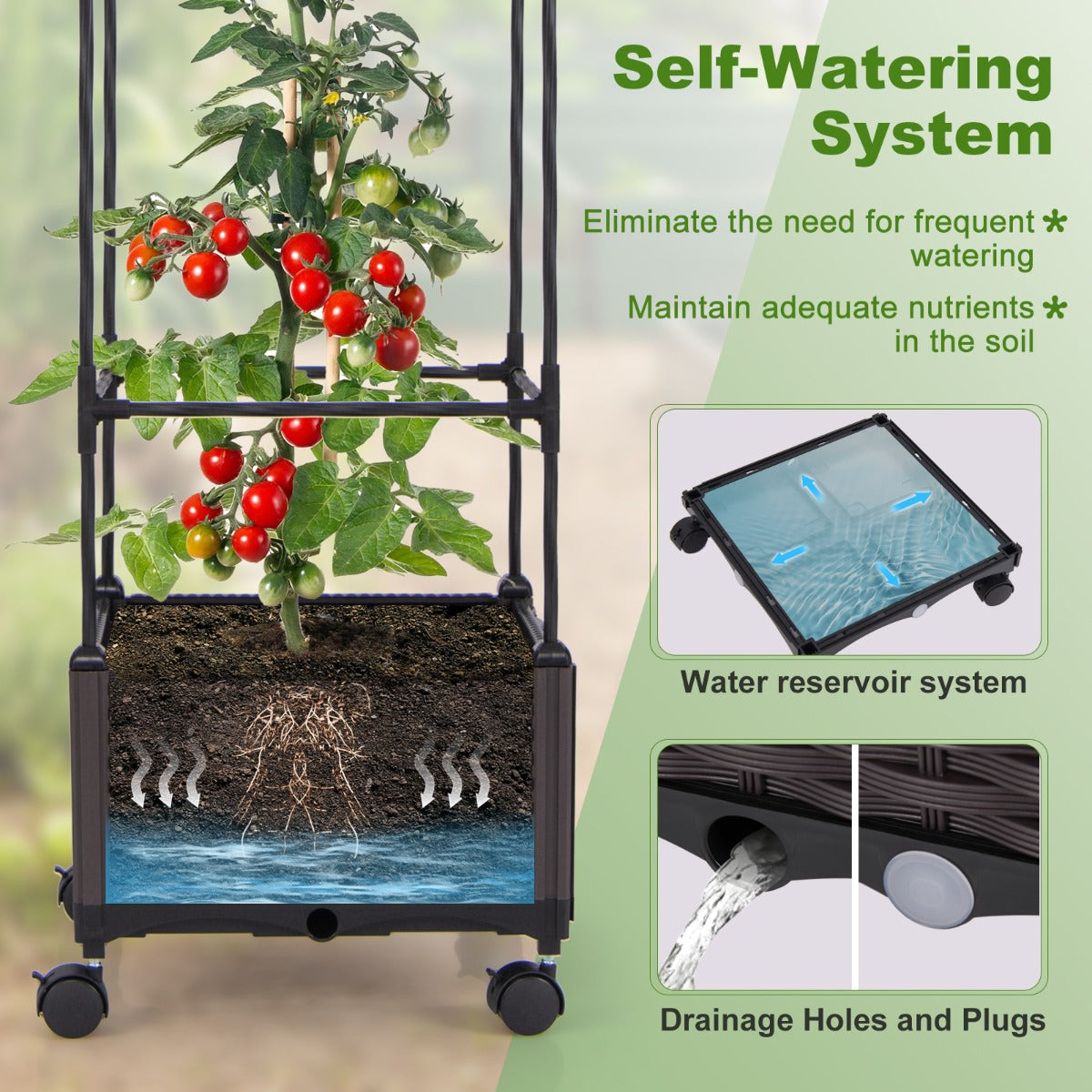 LIVSK Verstelbare Plantenbak met Traliewerk - Zelfbewateringssysteem - 2-in-1 Ontwerp met Wielen - 40 x 40 x 170 cm - Zwart +