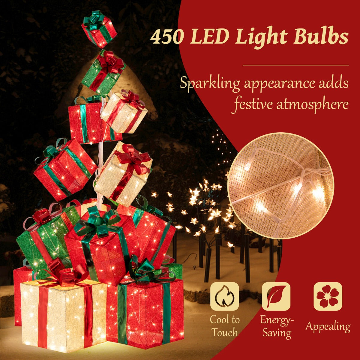 LIVSK Verlichte Kerstdecoratie - Set van 15 Geschenkdozen - 450 Lampjes - Elegante Lintstrikken - Stabiele Basis - Rood + Groen +