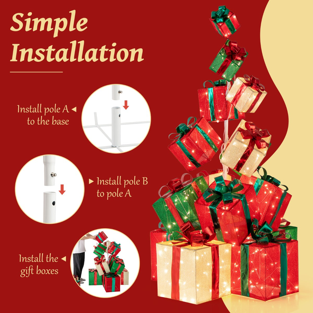 LIVSK Verlichte Kerstdecoratie - Set van 15 Geschenkdozen - 450 Lampjes - Elegante Lintstrikken - Stabiele Basis - Rood + Groen +