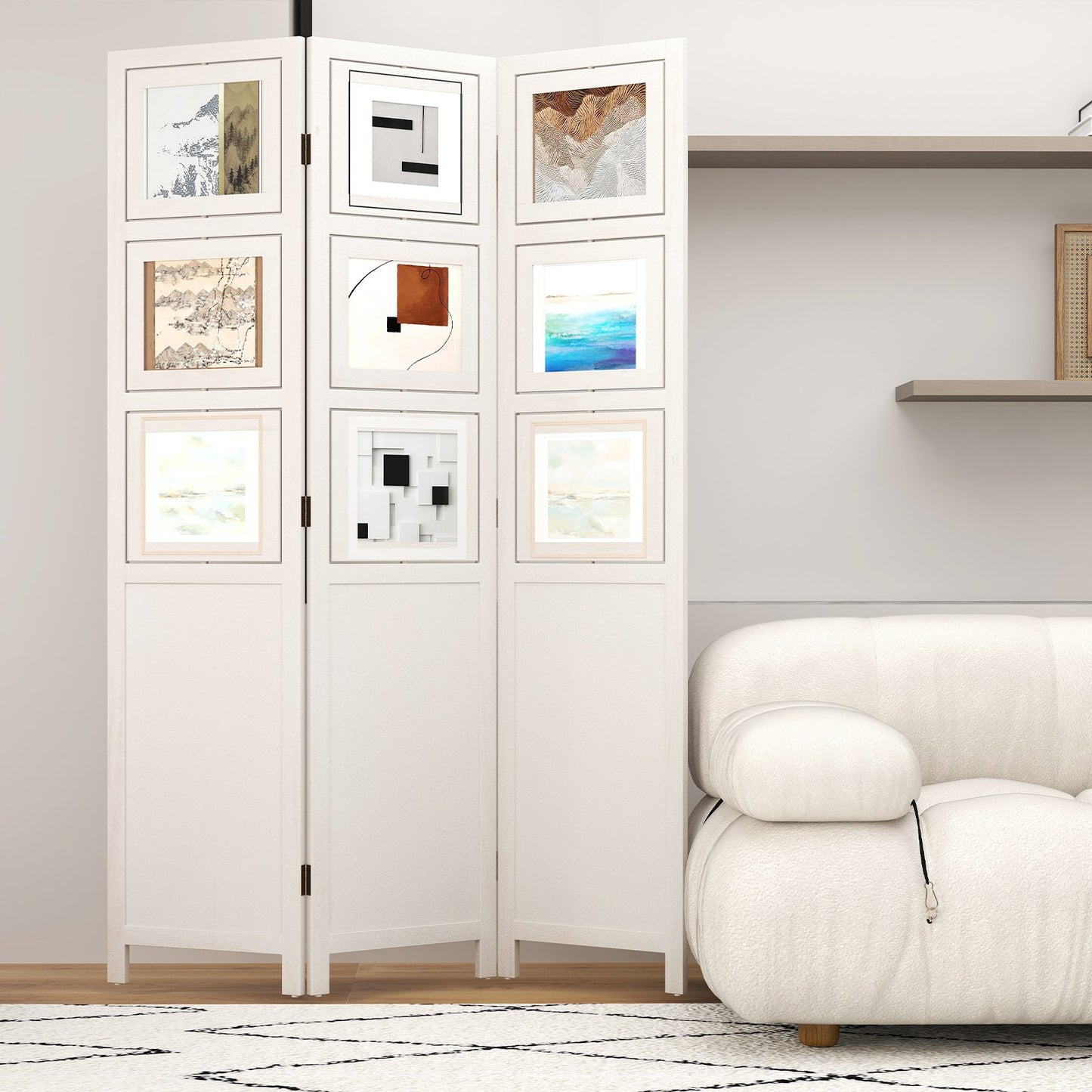 LIVSK 3-delig Kamerscherm met Draaibare Fotolijsten - 121 x 170 cm - Stabiel en Opvouwbaar - Voor Woonkamer en Kantoor - Wit &