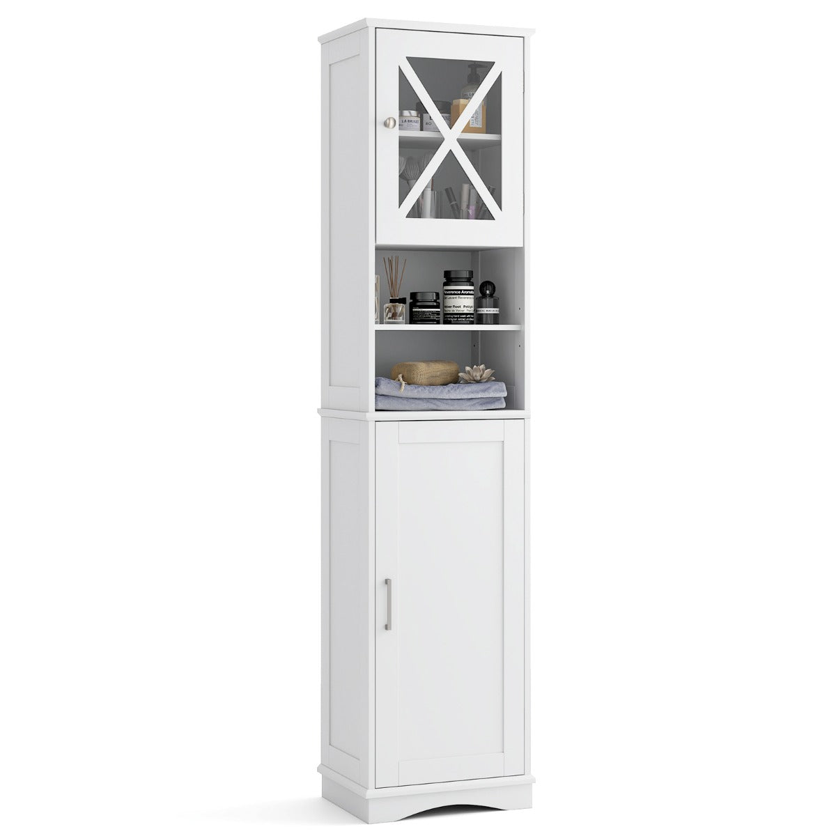 LIVSK Hoge Badkamerkast - Vrijstaand met 2 Open Compartimenten en 2 Gesloten Kasten - 5 Verstelbare Planken - 40 x 30 x 170,5 cm
