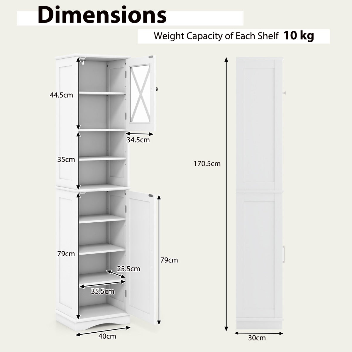LIVSK Hoge Badkamerkast - Vrijstaand met 2 Open Compartimenten en 2 Gesloten Kasten - 5 Verstelbare Planken - 40 x 30 x 170,5 cm
